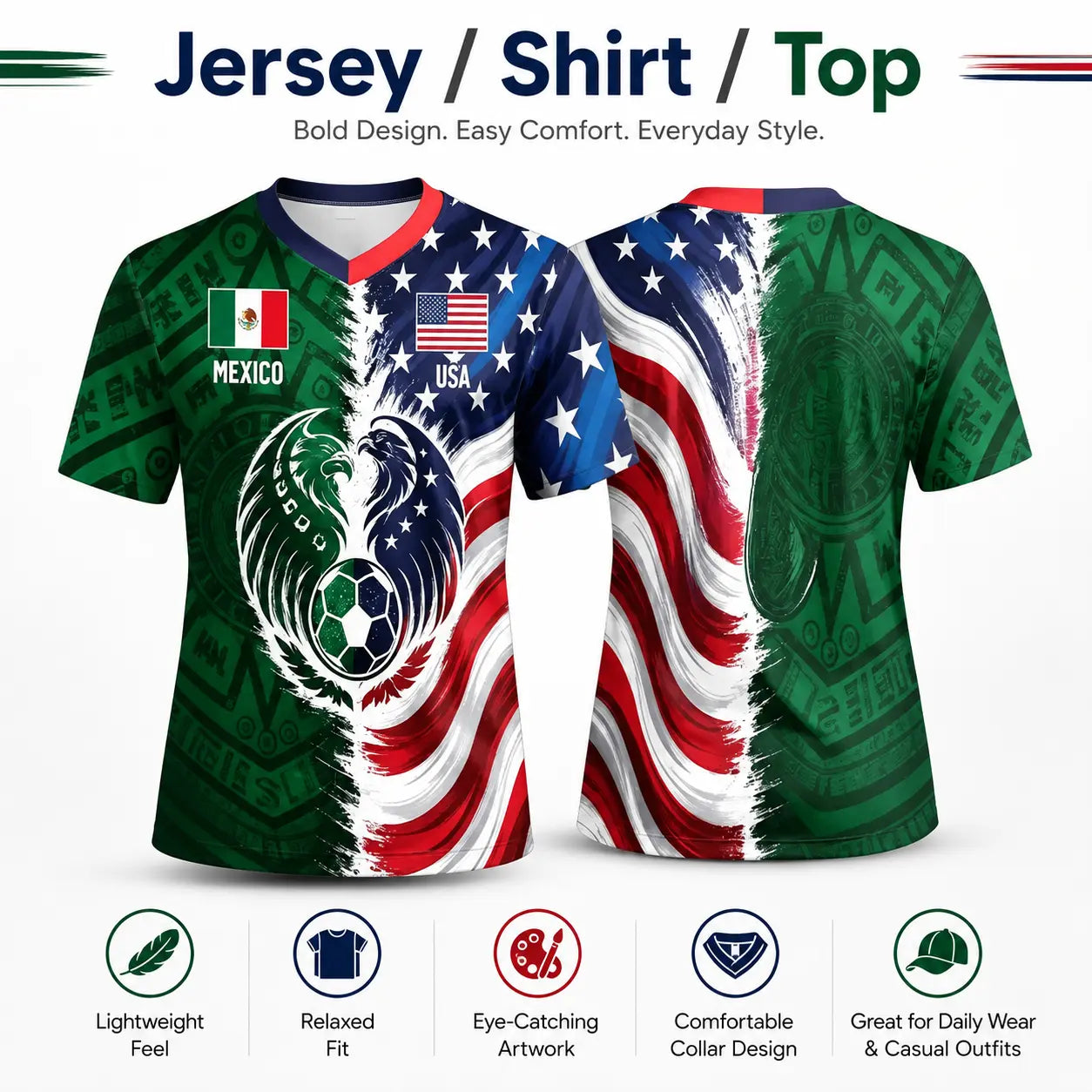 Mexico Green Tribal & US Stars Stripes Jersey – Dual Eagle Heritage Sports Shirt
