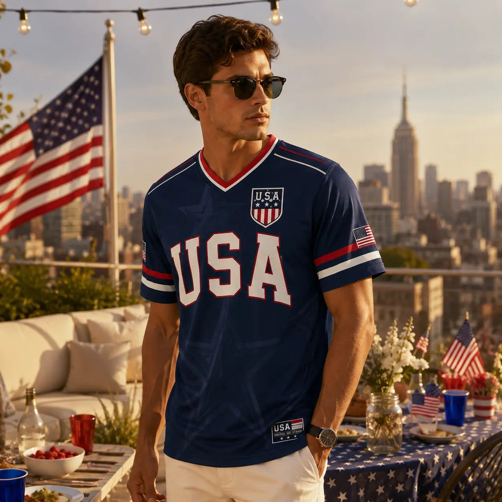 USA Patriotic Soccer Jersey – Navy American Flag & Statue of Liberty V-Neck Sports Tee