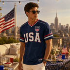 USA Patriotic Soccer Jersey – Navy American Flag & Statue of Liberty V-Neck Sports Tee
