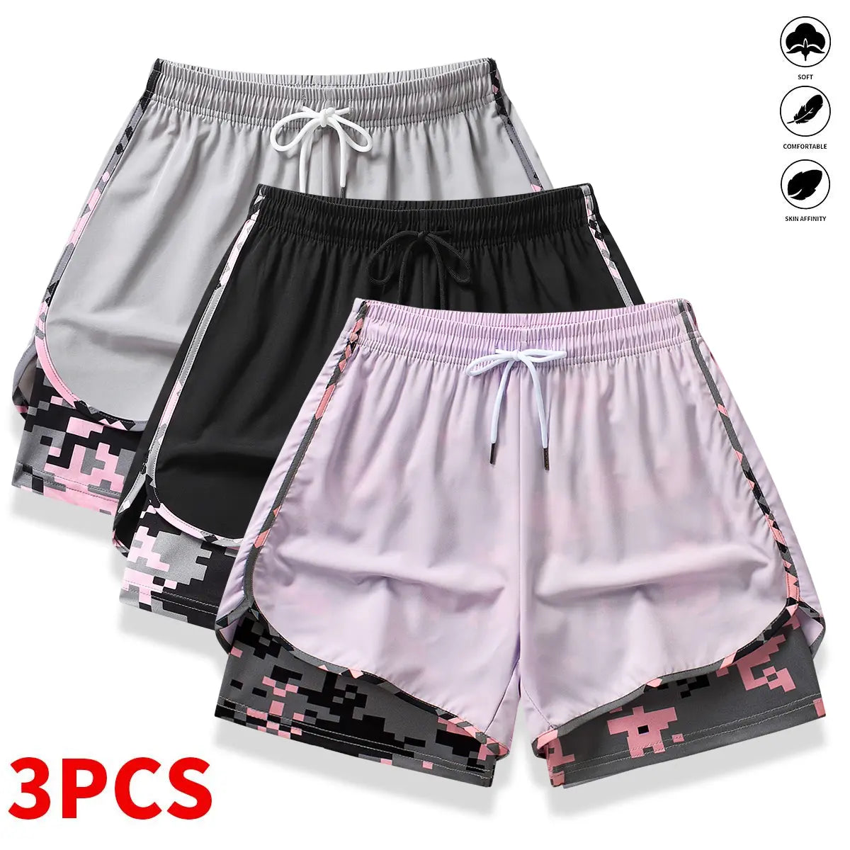 3-Pack Women’s Athletic Shorts with Liner – Drawstring Elastic Waistband Running Shorts