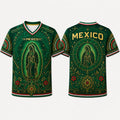 2026 Mexico Inspired Green V-Neck Soccer Jersey – Guadalupe & Aztec Art Graphic Fan Tee