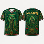 2026 Mexico Inspired Green V-Neck Soccer Jersey – Guadalupe & Aztec Art Graphic Fan Tee
