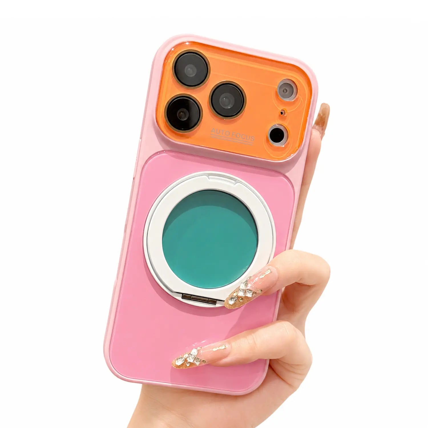 Dopamine Colorblock Glossy Magnetic Case for iPhone 17 Pro Max – 360° Rotating Ring Stand & MagSafe Cover