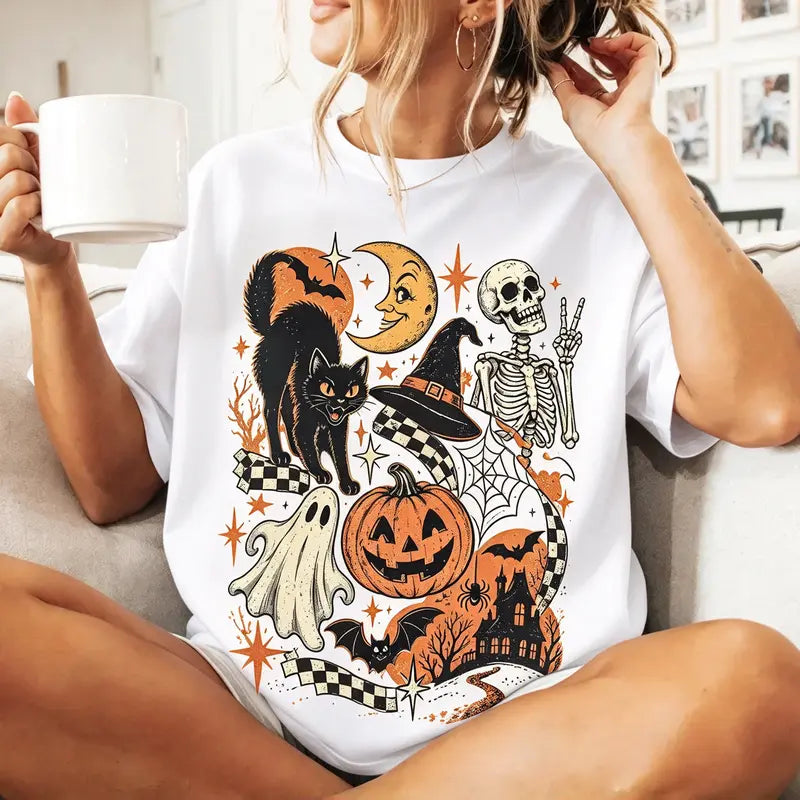 Retro Halloween Vintage Black Cat Ghost Graphic T-Shirt – Spooky Y2K Tee