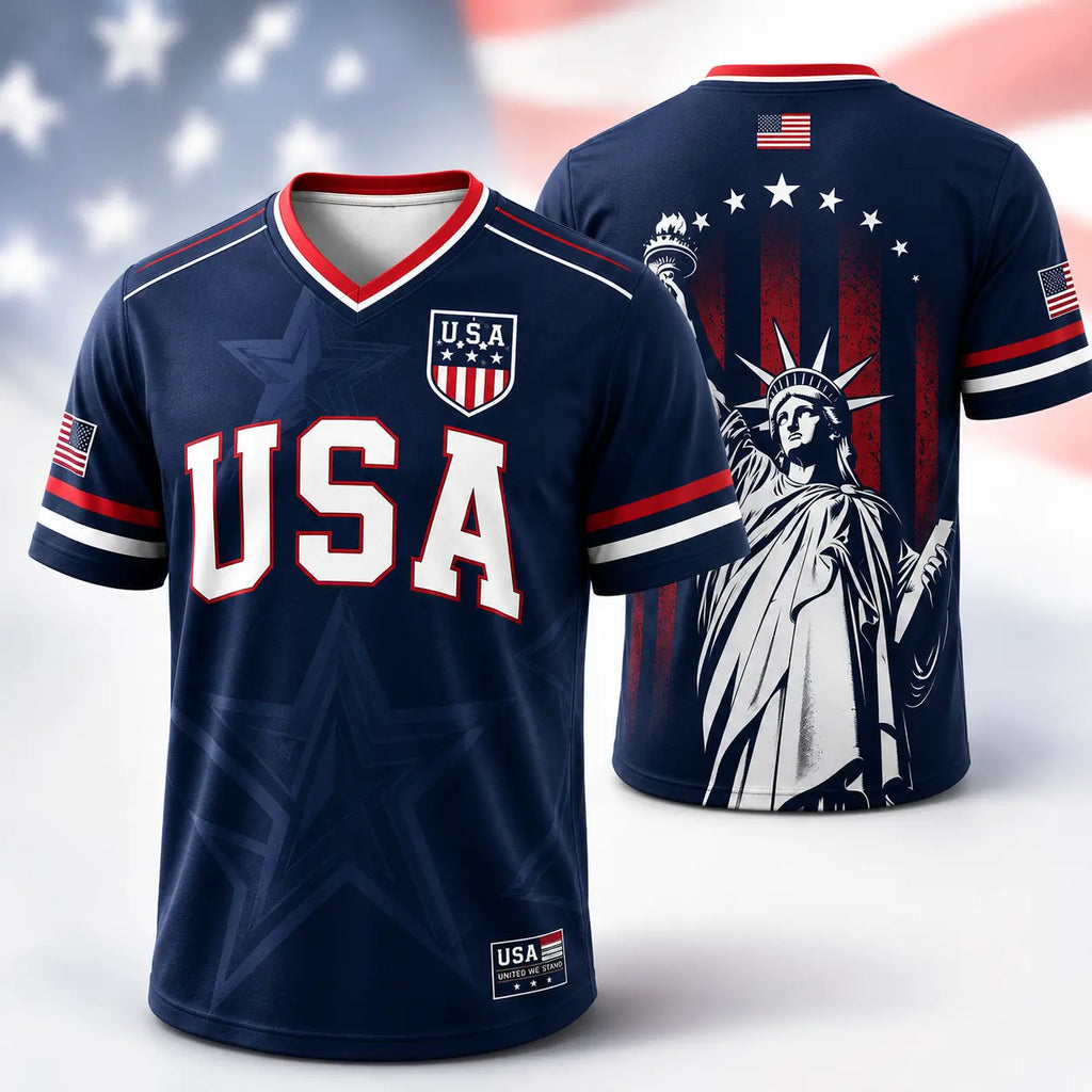 USA Patriotic Soccer Jersey – Navy American Flag & Statue of Liberty V-Neck Sports Tee
