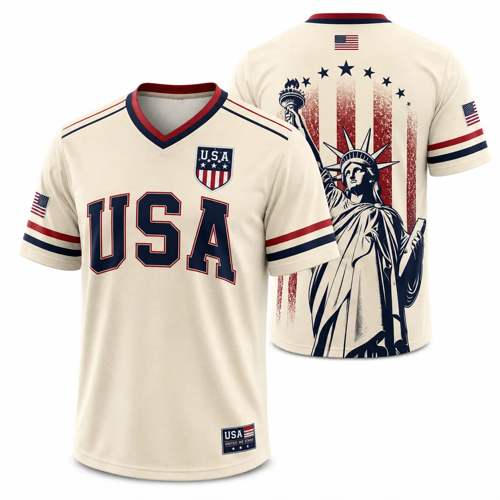 USA Patriotic Soccer Jersey – Navy American Flag & Statue of Liberty V-Neck Sports Tee
