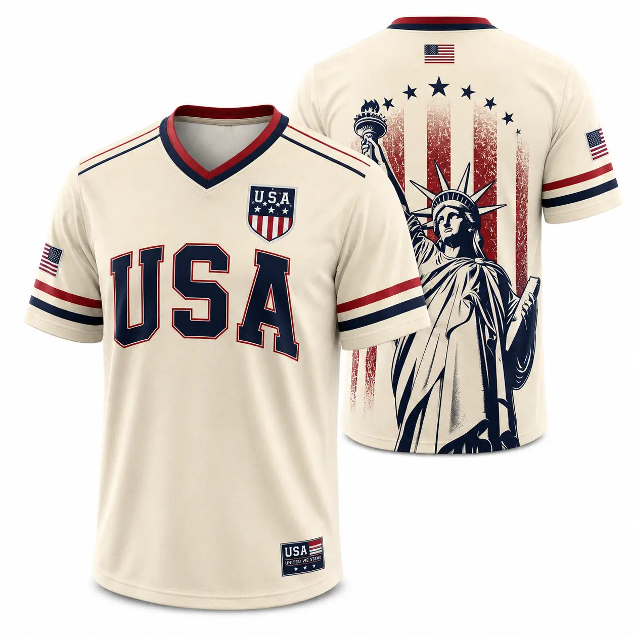 USA Patriotic Soccer Jersey – Navy American Flag & Statue of Liberty V-Neck Sports Tee