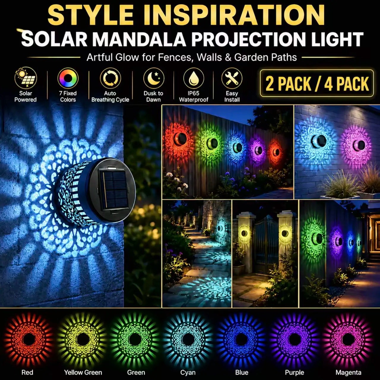 Solar Mandala Projection Wall Light – 7-Color Changing Waterproof Outdoor Decor (2pcs)