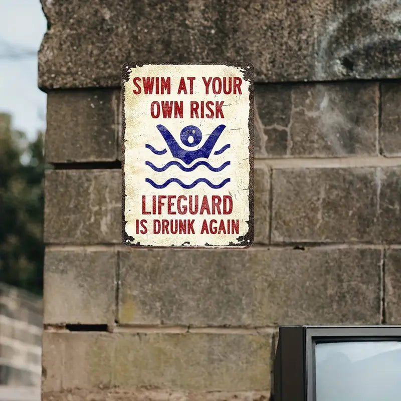 Vintage "Swim at Your Own Risk" Wooden Sign – Humorous Pool Safety Decor