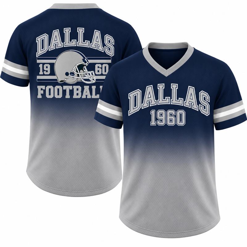 Game Day Gradient V-Neck Jersey – City Helmet Print Short-Sleeve Mesh Fan Shirt