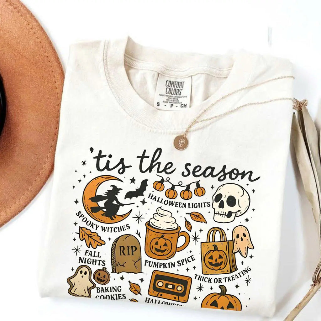 Comfort Colors Tis The Season Halloween Tee – Cute Coquette Retro Pumpkin Spooky Graphic Shirt