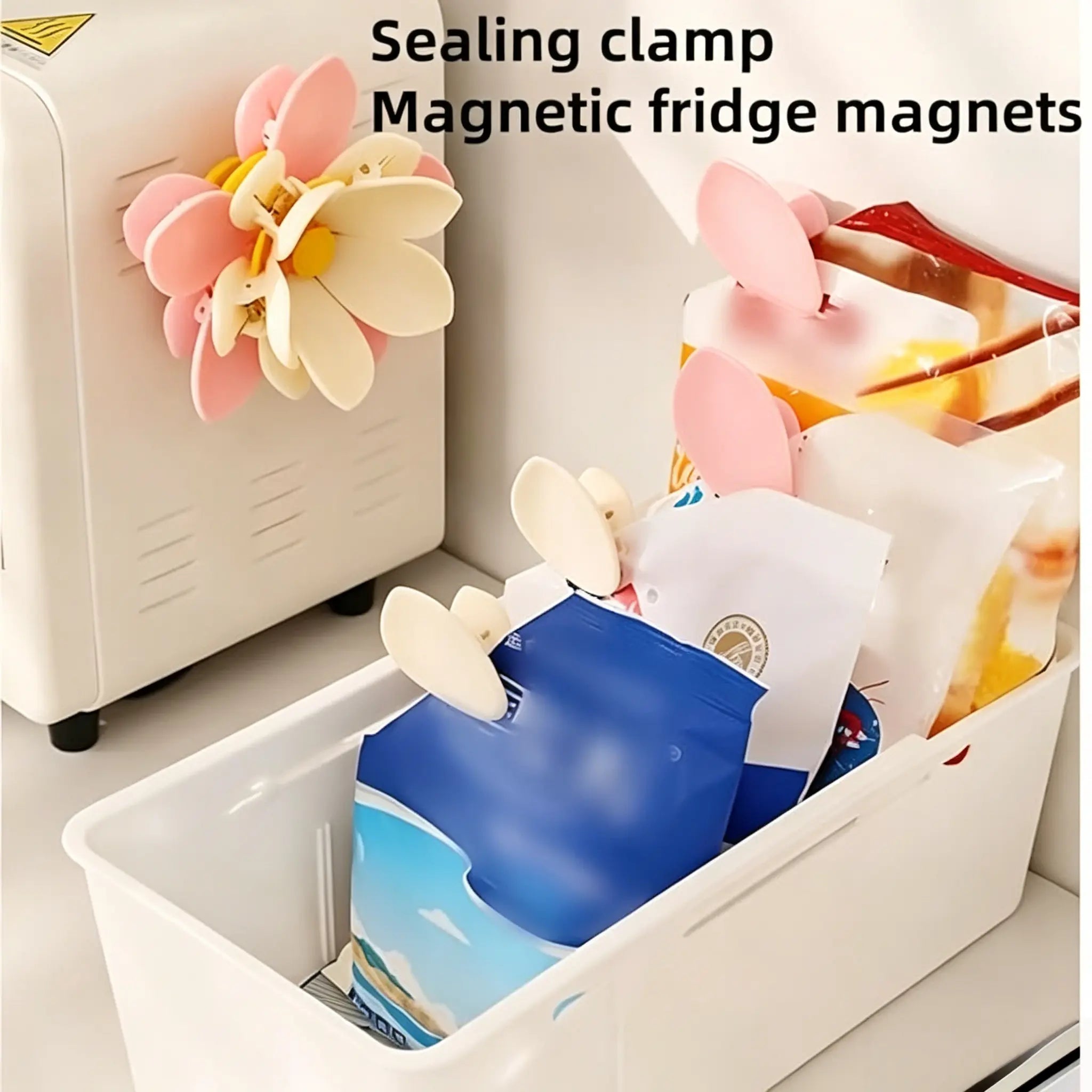 Lotus Magnetic Chip Clips Set – Cute Food Sealing Bag Clips with Fridge Organizer Base