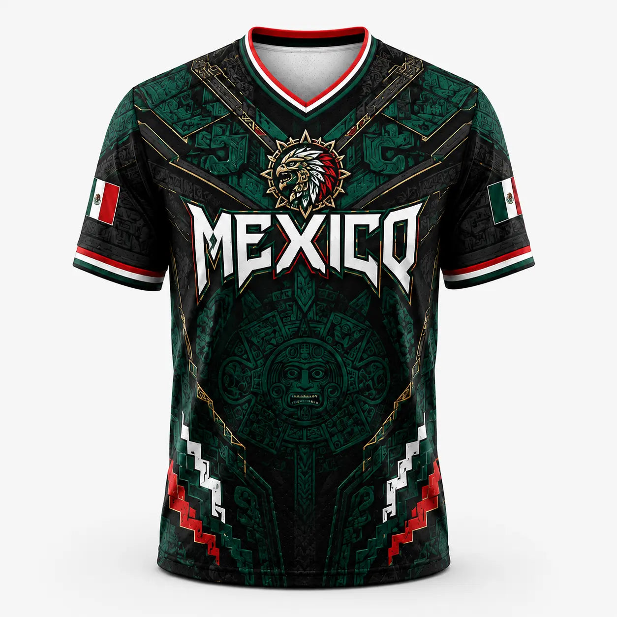 2026 Mexico Eagle Warrior V-Neck Soccer Jersey, Aztec Calendar Graphic Short Sleeve Fan Tee