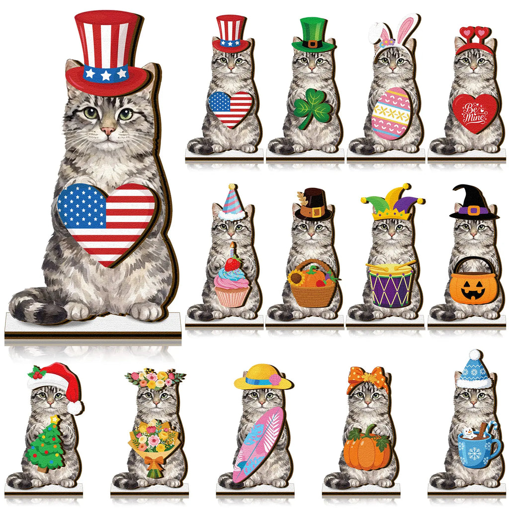 Interchangeable Cat Wooden Desk Decor with Magnetic Seasonal Hats – Cute Holiday Gift for Cat Lovers
