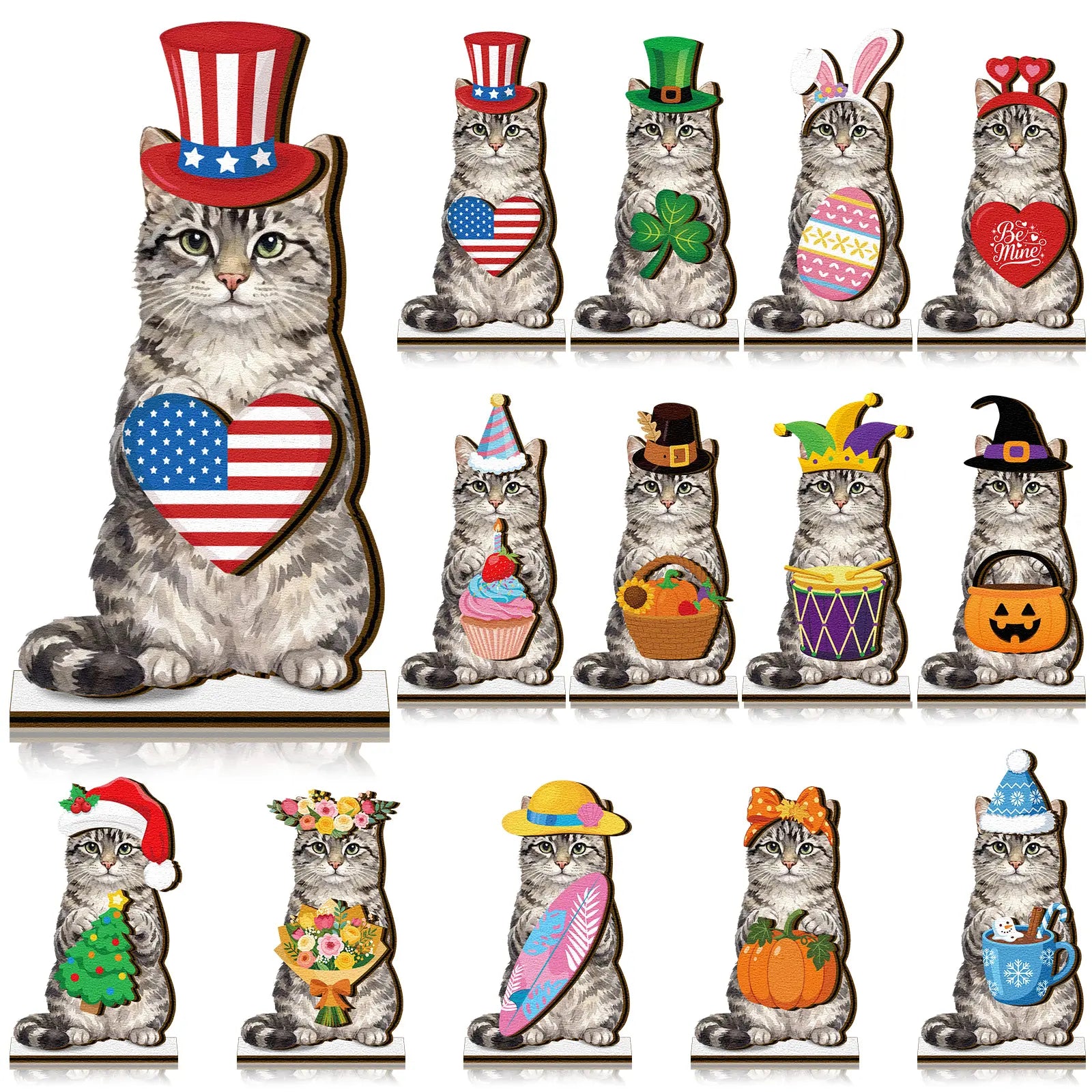 Interchangeable Cat Wooden Desk Decor with Magnetic Seasonal Hats – Cute Holiday Gift for Cat Lovers