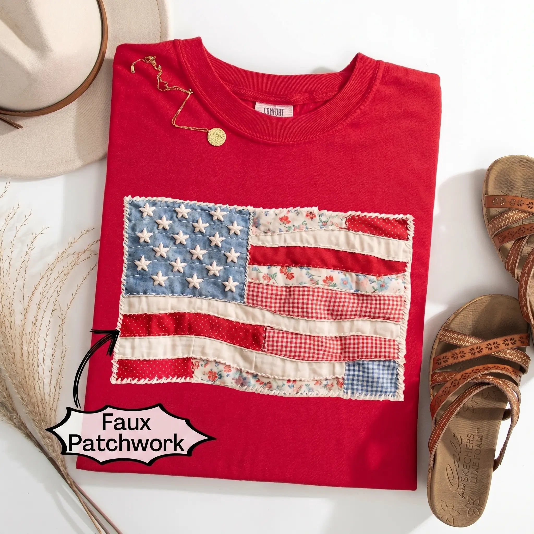 (FAUX PATCHWORK-PRINT) Comfort Colors Retro American Flag Patriotic Shirt - HARSIN 4th of July Graphic Tee