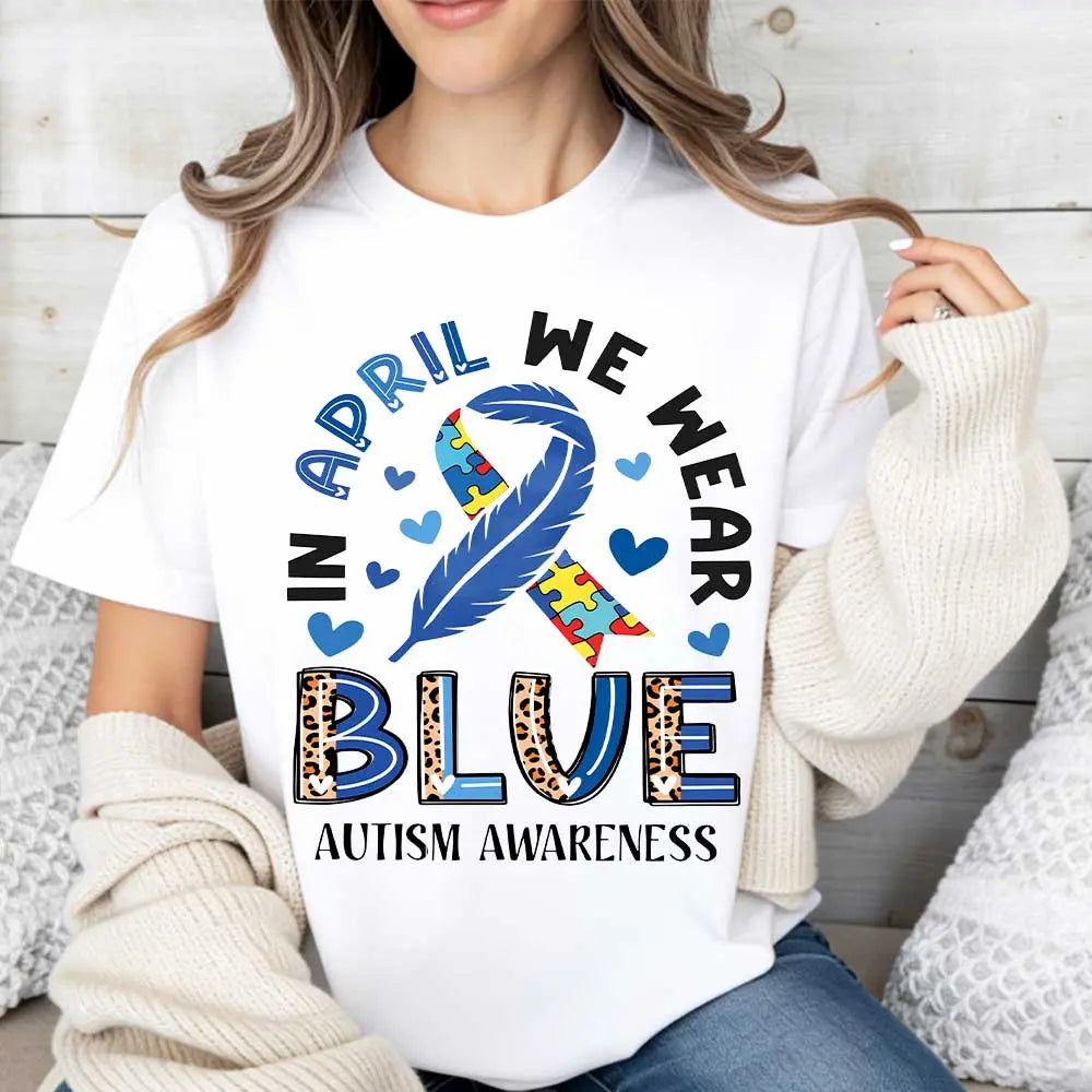 "In April We Wear Blue" Shirt | Autism Awareness Ribbon & Puzzle Tee