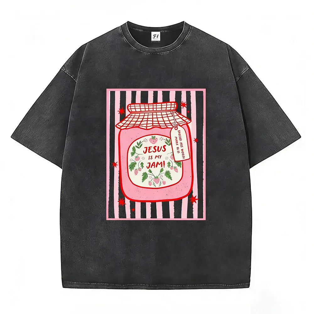 "Jesus Is My Jam" Strawberry Graphic Tee | Pink Washed Vintage Christian Shirt