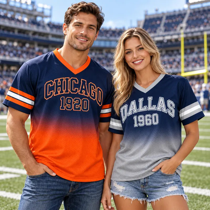 Game Day Gradient V-Neck Jersey – City Helmet Print Short-Sleeve Mesh Fan Shirt