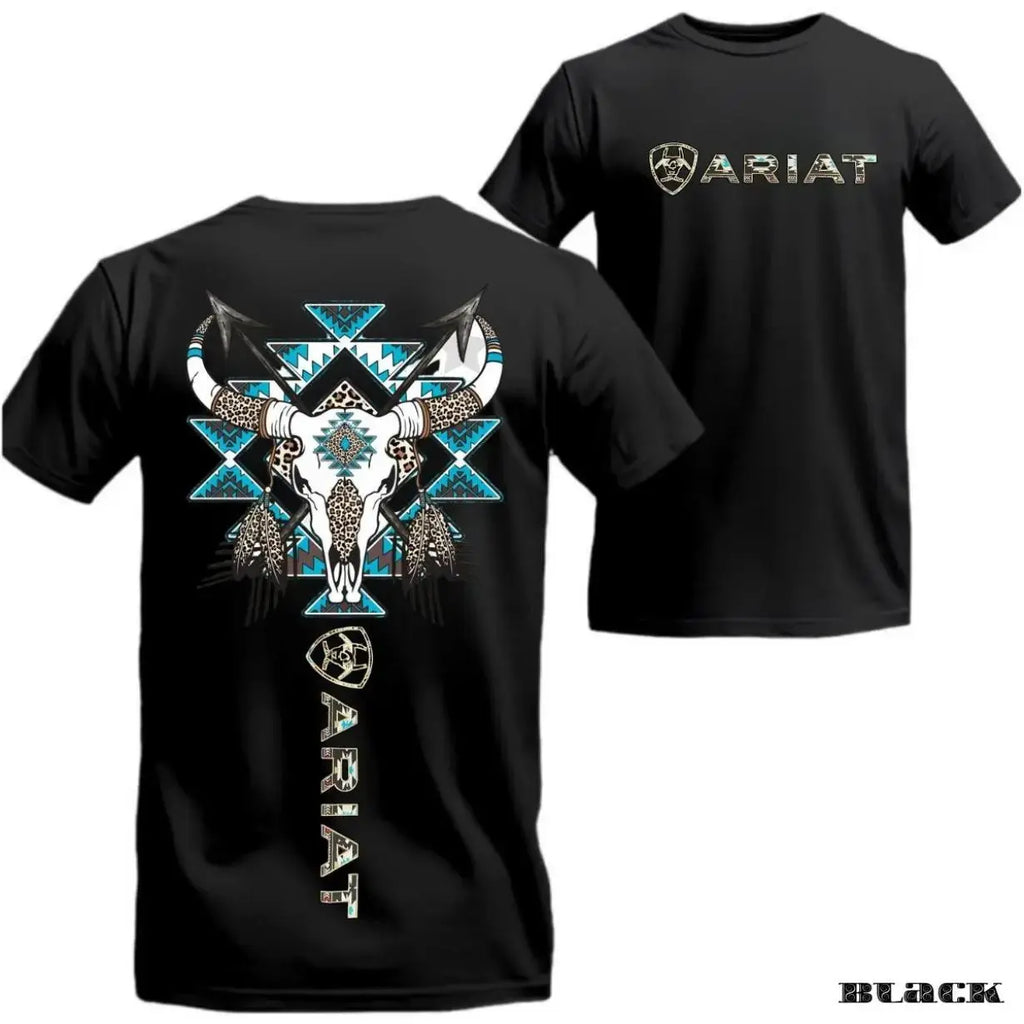 Ariat Tribal Bull Skull Tee: Blue Aztec Graphic Western Style Shirt
