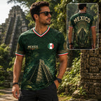 2026 Mexico Dark Green V-Neck Soccer Jersey – Aztec Calendar & Ancient Temple Graphic Tee