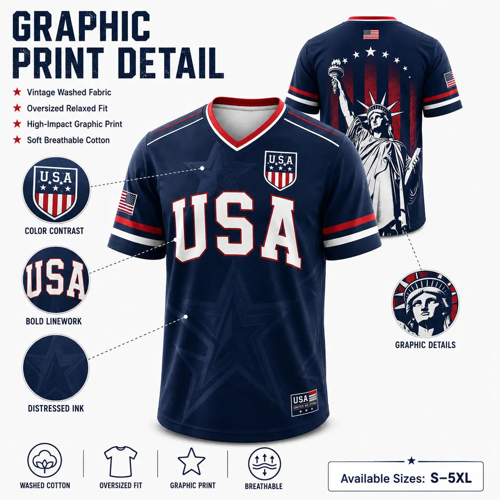 USA Patriotic Soccer Jersey – Navy American Flag & Statue of Liberty V-Neck Sports Tee