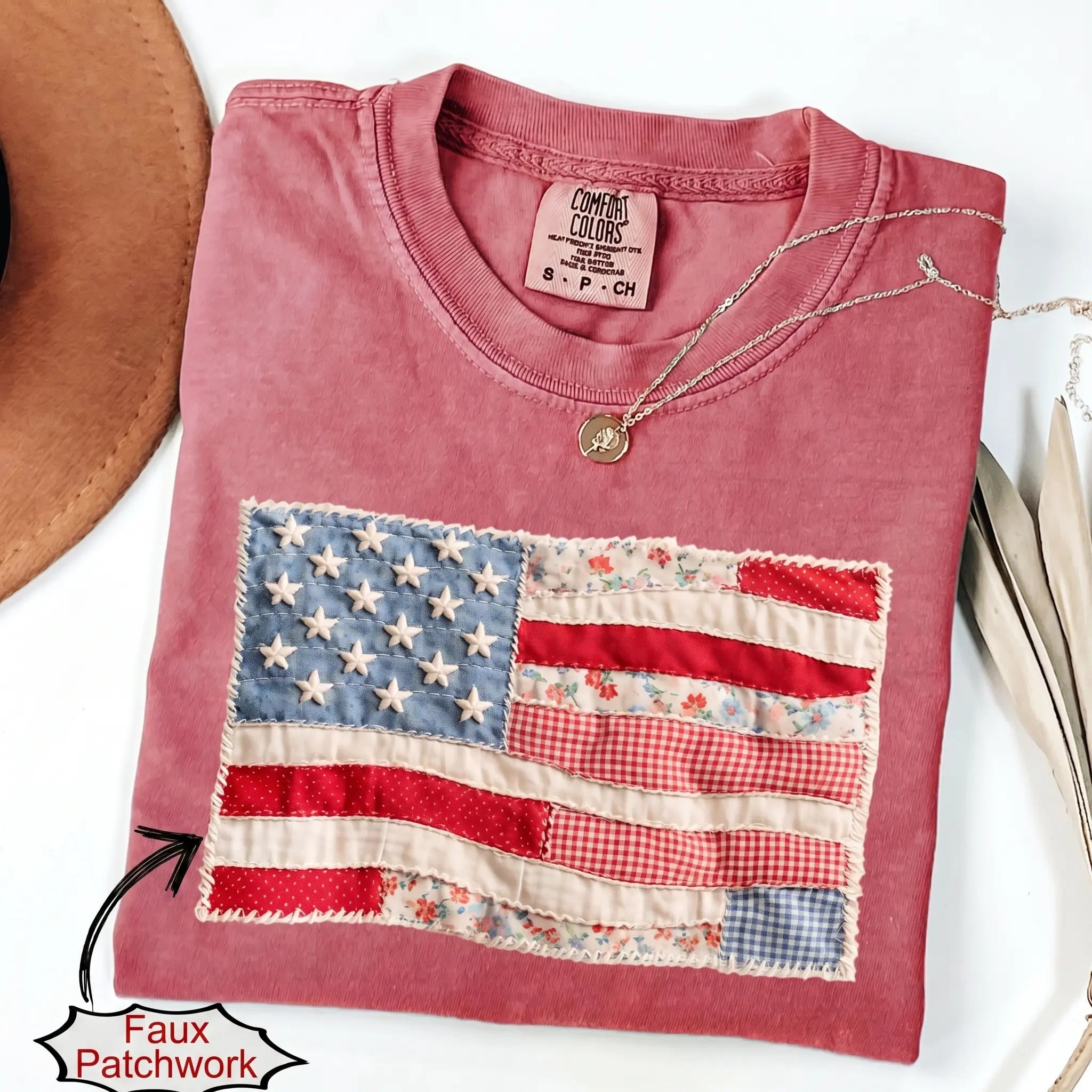 (FAUX PATCHWORK-PRINT) Comfort Colors Retro American Flag Patriotic Shirt - HARSIN 4th of July Graphic Tee