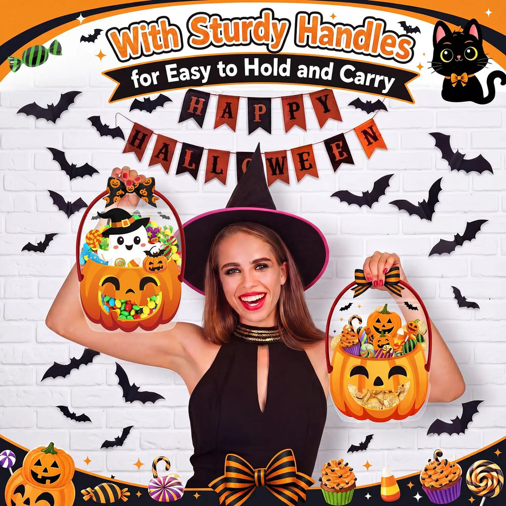 24/50-Pack Halloween Plastic Goodie Bags – Trick-or-Treat Candy Bags with Pumpkin & Skeleton Design