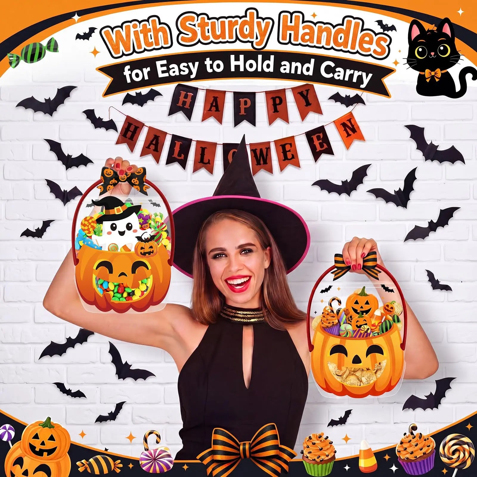 24/50-Pack Halloween Plastic Goodie Bags – Trick-or-Treat Candy Bags with Pumpkin & Skeleton Design