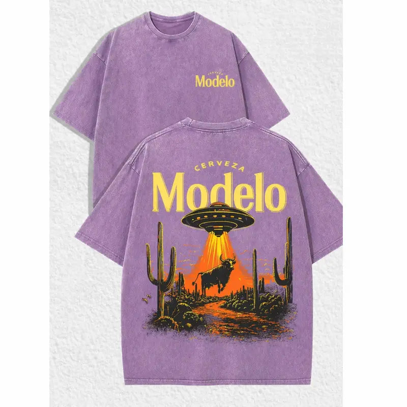 'Cerveza Modelo' Retro UFO & Bull Desert Graphic T-Shirt - Vintage Distressed Streetwear