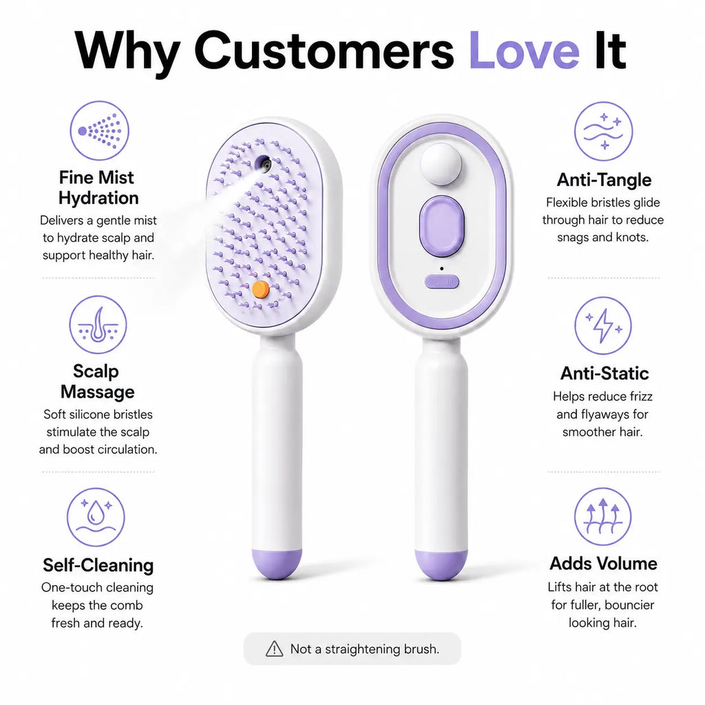 Electric Spray Air Cushion Massage Comb – Self-Cleaning Anti-Static Hair Brush