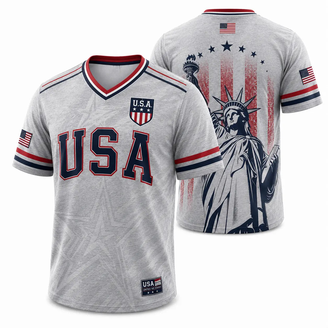 USA Patriotic Soccer Jersey – Navy American Flag & Statue of Liberty V-Neck Sports Tee