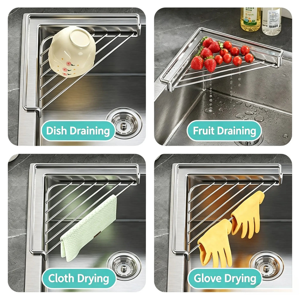 Stainless Steel Triangular Corner Sink Organizer – Open Wire Drainage Rack with Raised Edges