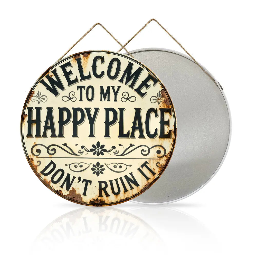 "Welcome to My Happy Place" Metal Wall Art - Multicolor Farmhouse Tin Sign Decor