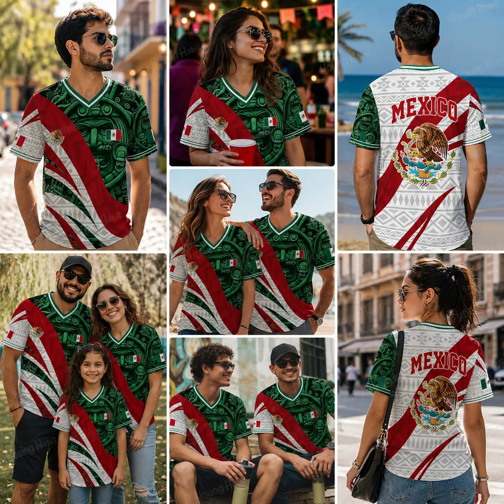 Mexico Flag Eagle V-Neck Jersey – Aztec Pattern Patriotic Soccer Style Shirt