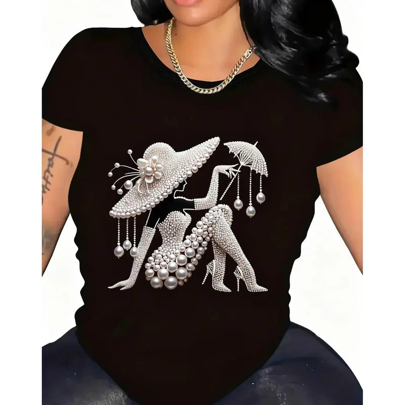 Elegant Pearl & Floral Print Cotton Tee: Shiny Detailed Women's Top