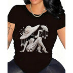 Elegant Pearl & Floral Print Cotton Tee: Shiny Detailed Women's Top