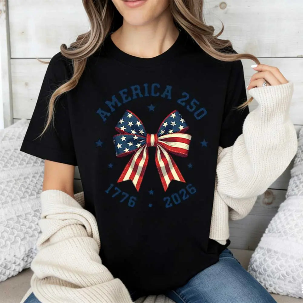 America 250 Stars And Stripes Bow Print T Shirt White Crew Neck Casual Top For Independence Day Celebration