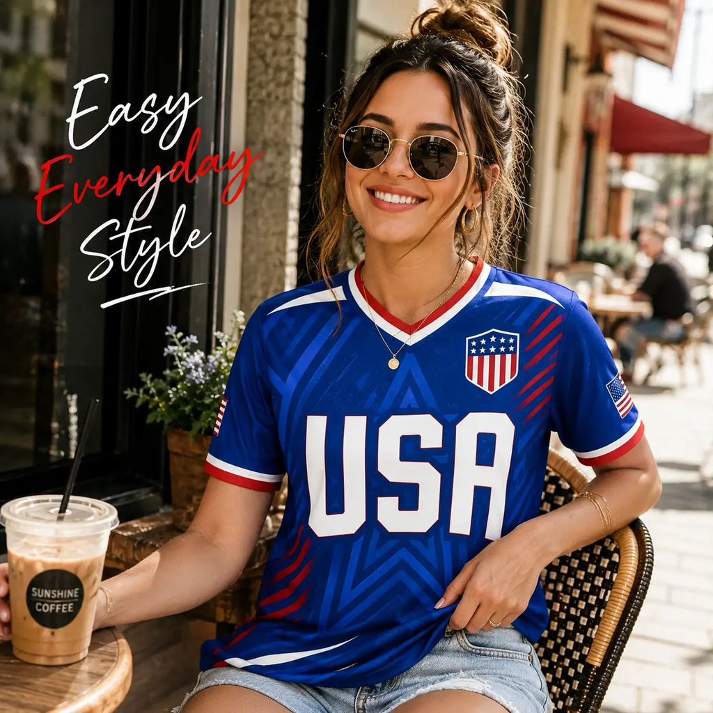 USA Patriotic Wolf Graphic V-Neck Sports Jersey – Lightweight Quick-Dry Athletic Top