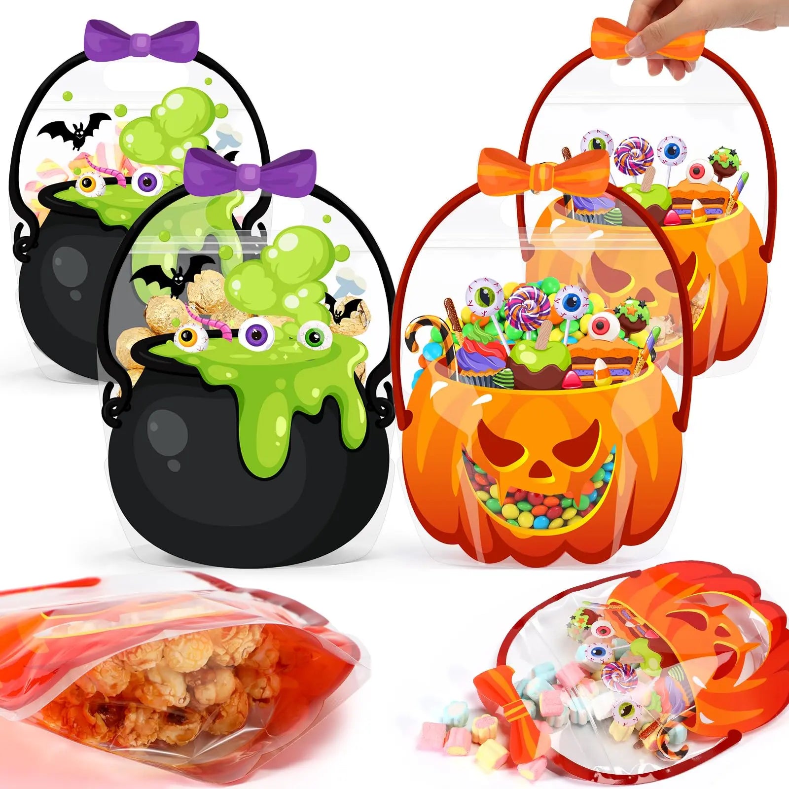24/50-Pack Halloween Plastic Goodie Bags – Trick-or-Treat Candy Bags with Pumpkin & Skeleton Design