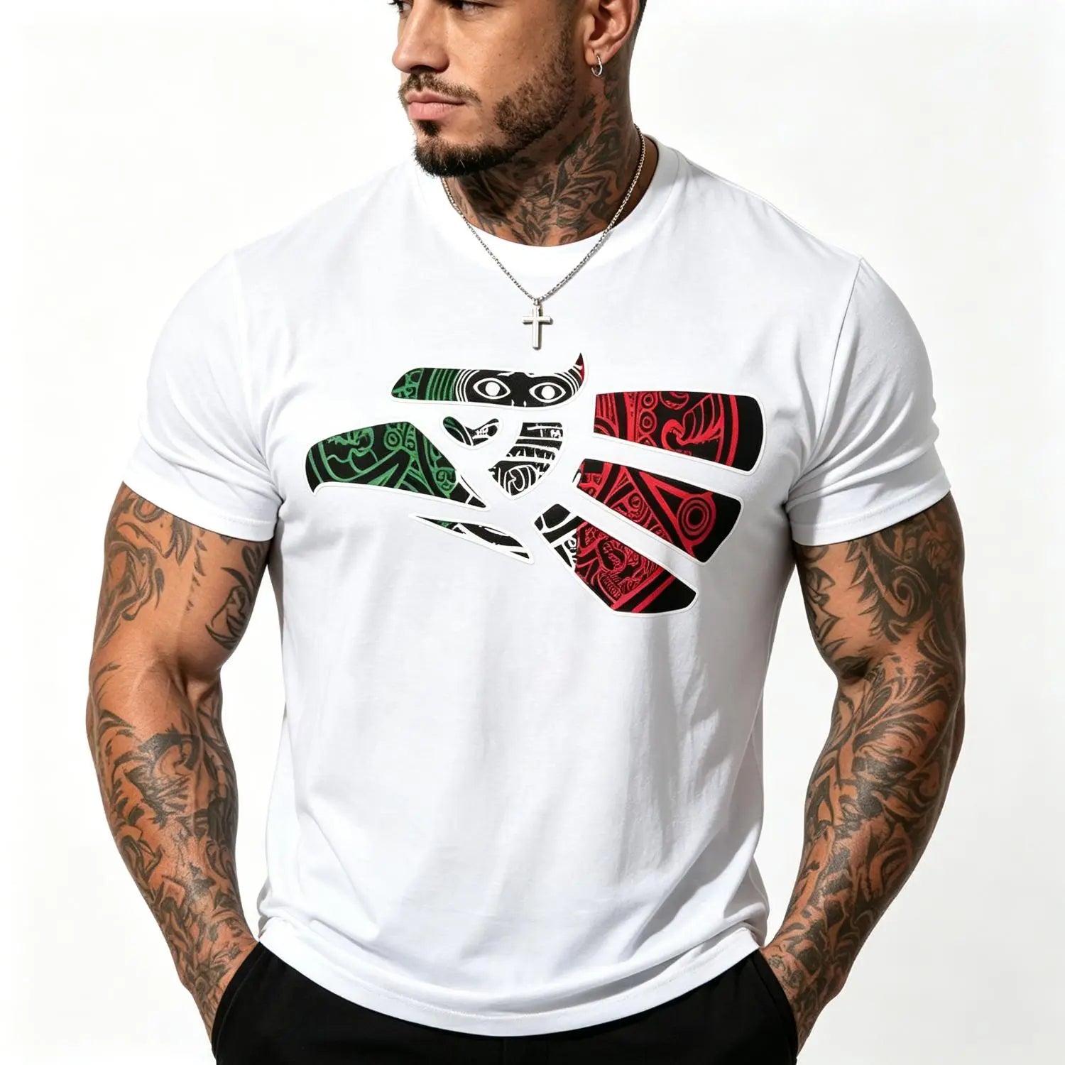 Latino Heritage Cotton T-Shirt – Mexico Flag Tattoo Eagle Tribal Graphic Tee for Men