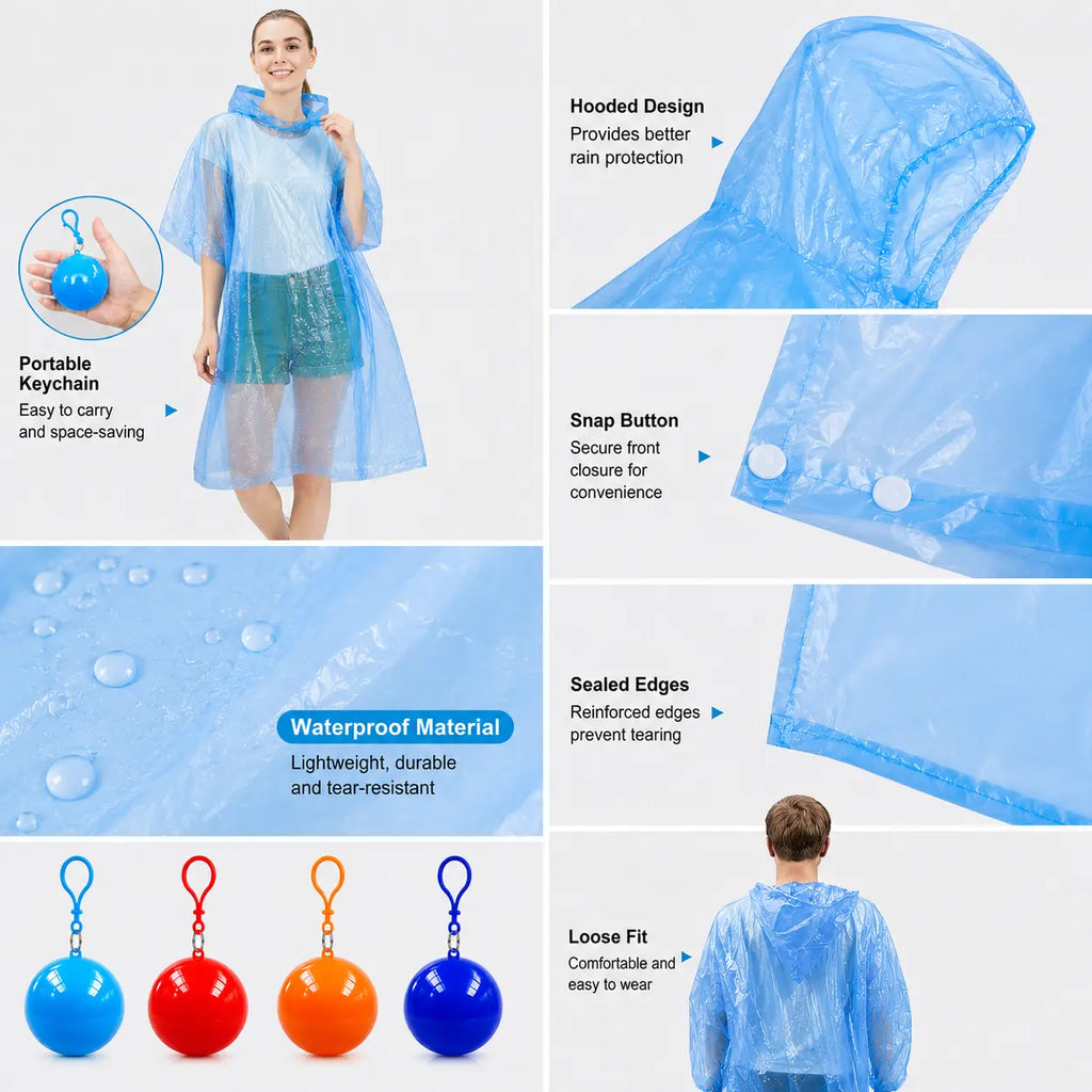 Portable Hooded Disposable Rain Poncho with Keychain Ball – Waterproof & Tear-Resistant