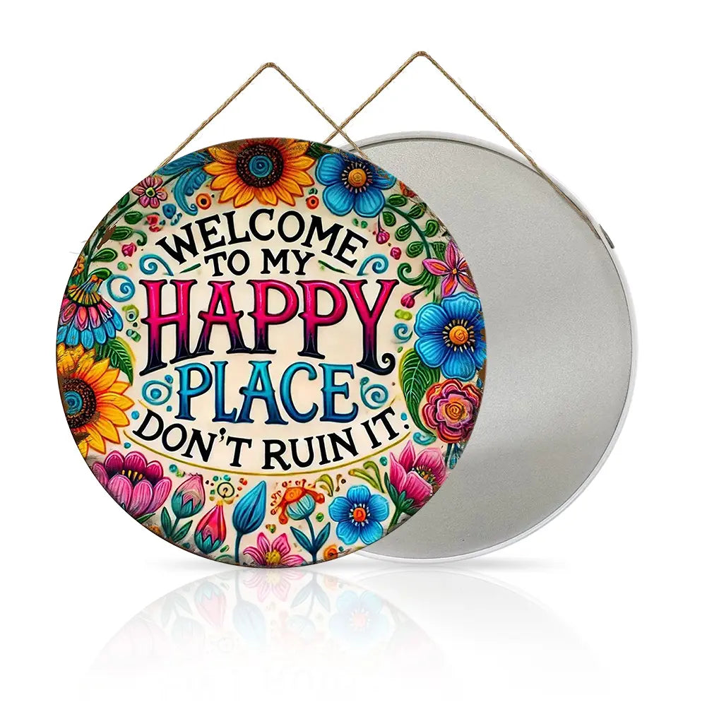 "Welcome to My Happy Place" Metal Wall Art - Multicolor Farmhouse Tin Sign Decor