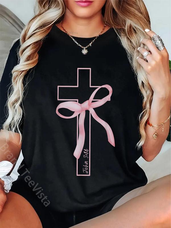 Coquette Christian Pink Bow Cross John 3:16 Bible Verse T-Shirt,Unisex Crewneck T-shirt for Men And Women