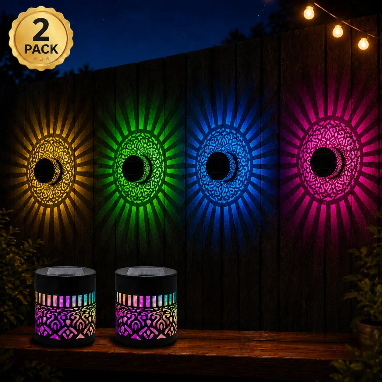 Solar Mandala Projection Wall Light – 7-Color Changing Waterproof Outdoor Decor (2pcs)