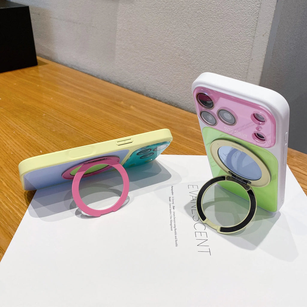 Dopamine Colorblock Glossy Magnetic Case for iPhone 17 Pro Max – 360° Rotating Ring Stand & MagSafe Cover