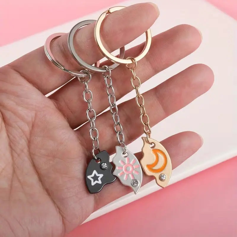 Sun Moon Star Magnetic 3-Piece Matching Keychain Set - Friendship Puzzle Pendant Gift for Besties & Mother's Day