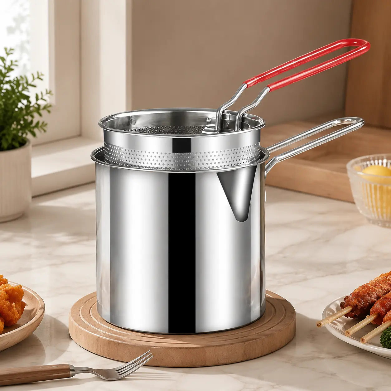 3-Piece Stainless Steel Mini Deep Fryer Set – Portable Pot with Strainer Basket & Food Tongs