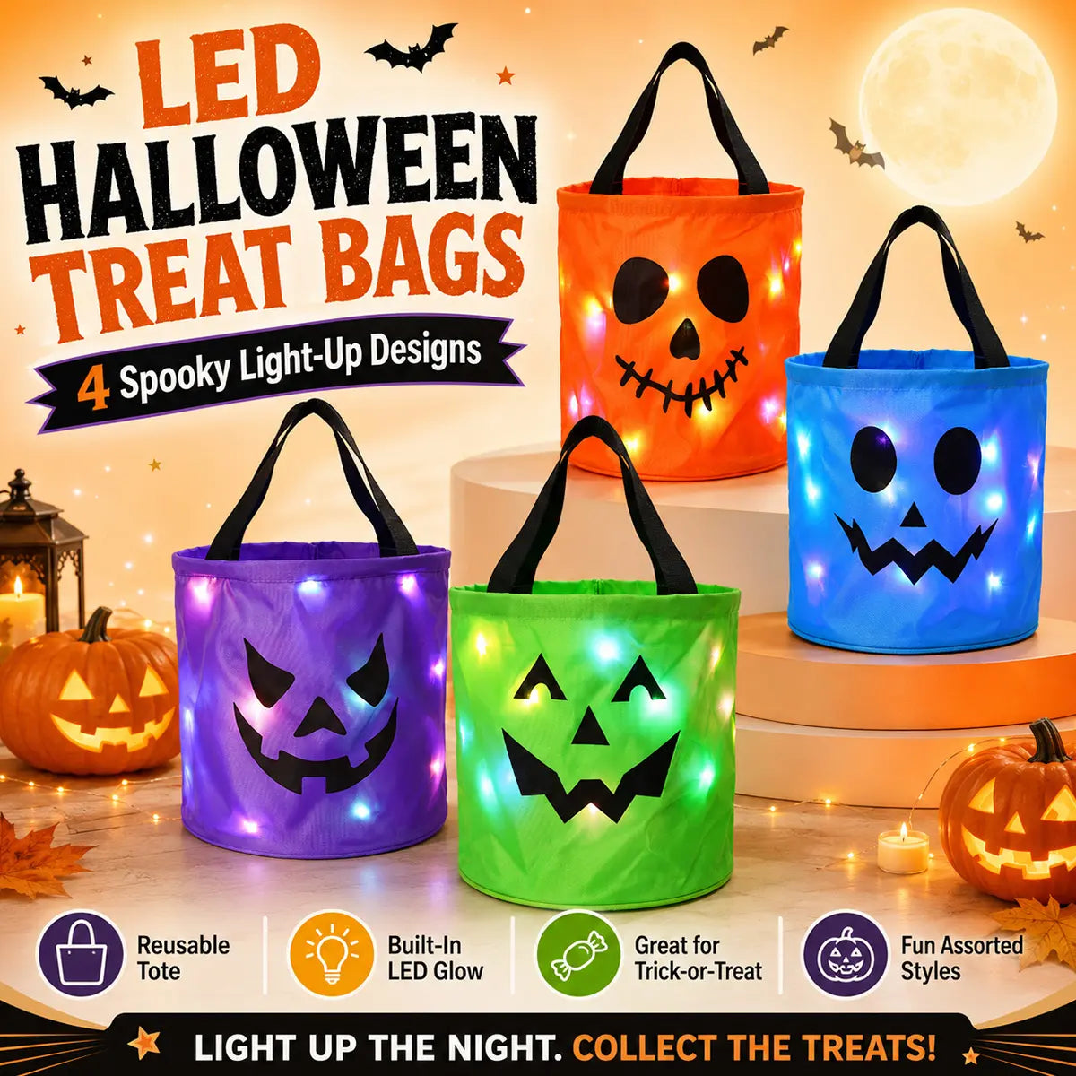 3/4 Pcs Halloween LED Candy Bucket – Reusable Non-Woven Trick or Treat Tote Bags