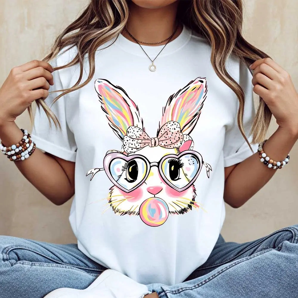 Cute Easter Bunny T-Shirt | Colorful Rabbit with Heart Glasses & Bubblegum